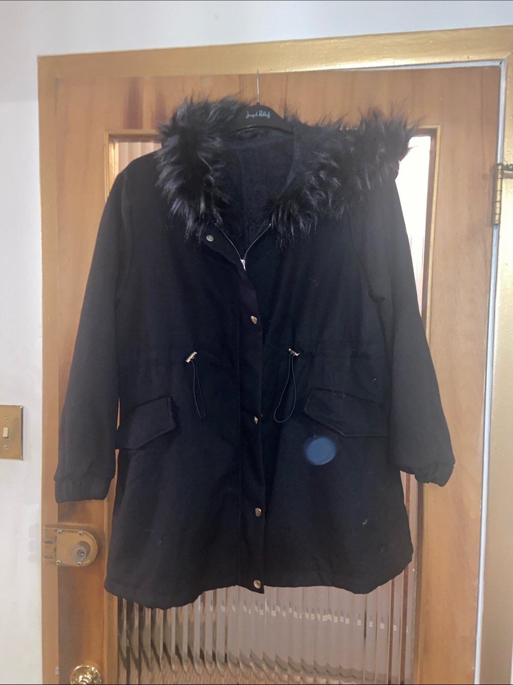 SHEIN Black Hooded Faux-Fur Trim Puffer Coat